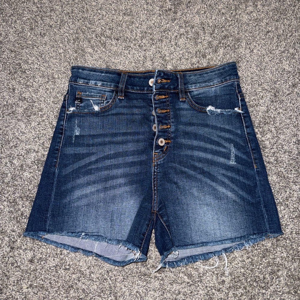 Blue Jean Shorts with Distressed Details and Raw Hem